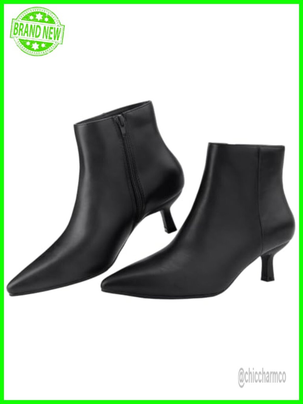 Pointed Toe Kitten Heel Ankle Booties Faux Leather Side Zip Memory Foam